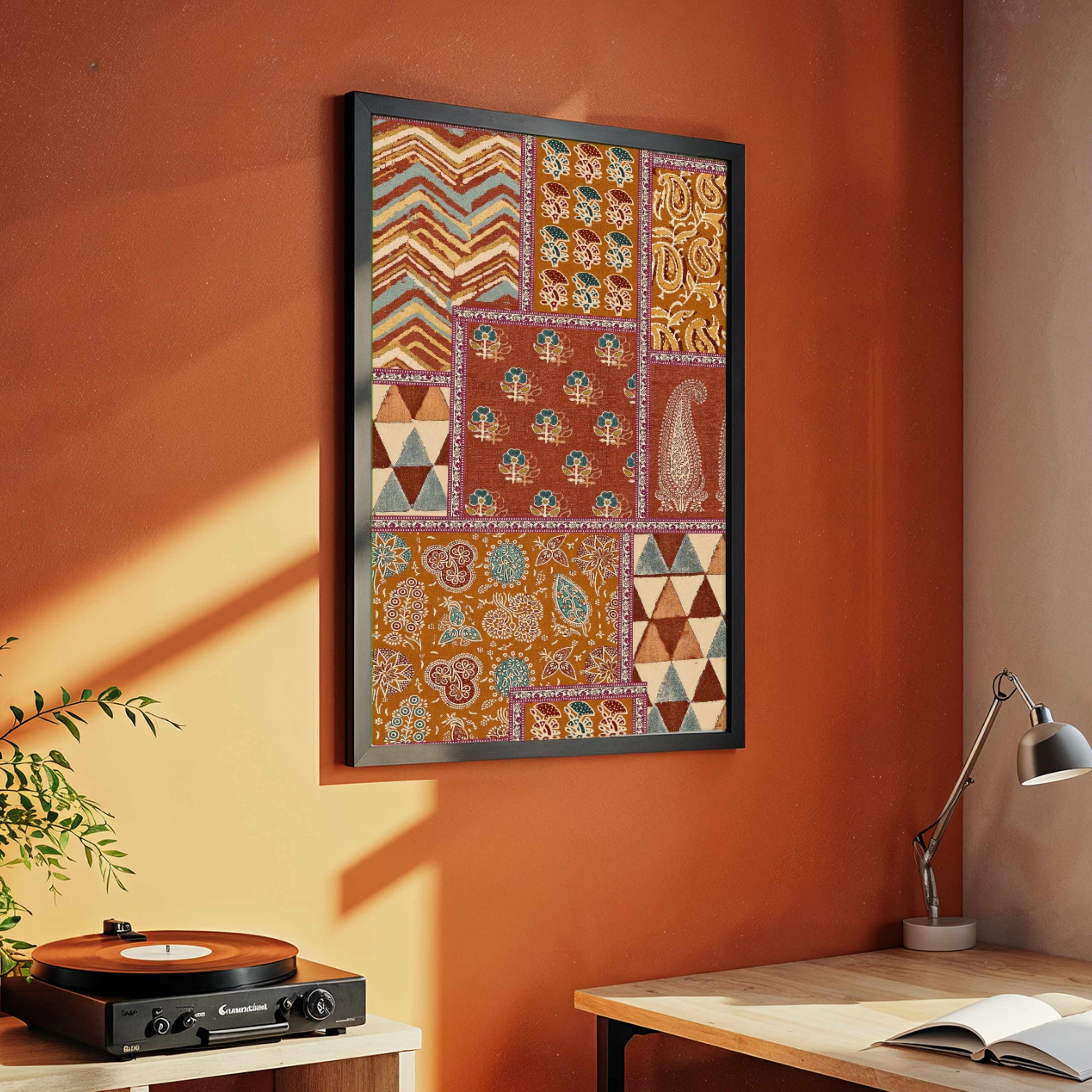"Heritage Ajrakh Patchwork" Traditional Block Print Giclée Print | Fine Art Wall Art 3 : 4 Vertical Premium Wall Art Canvas by MeriDeewar
