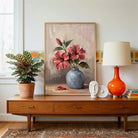Hibiscus in Grey Ceramic | Floral Still Life Art 3 : 4 Vertical Premium Wall Art Canvas by MeriDeewar
