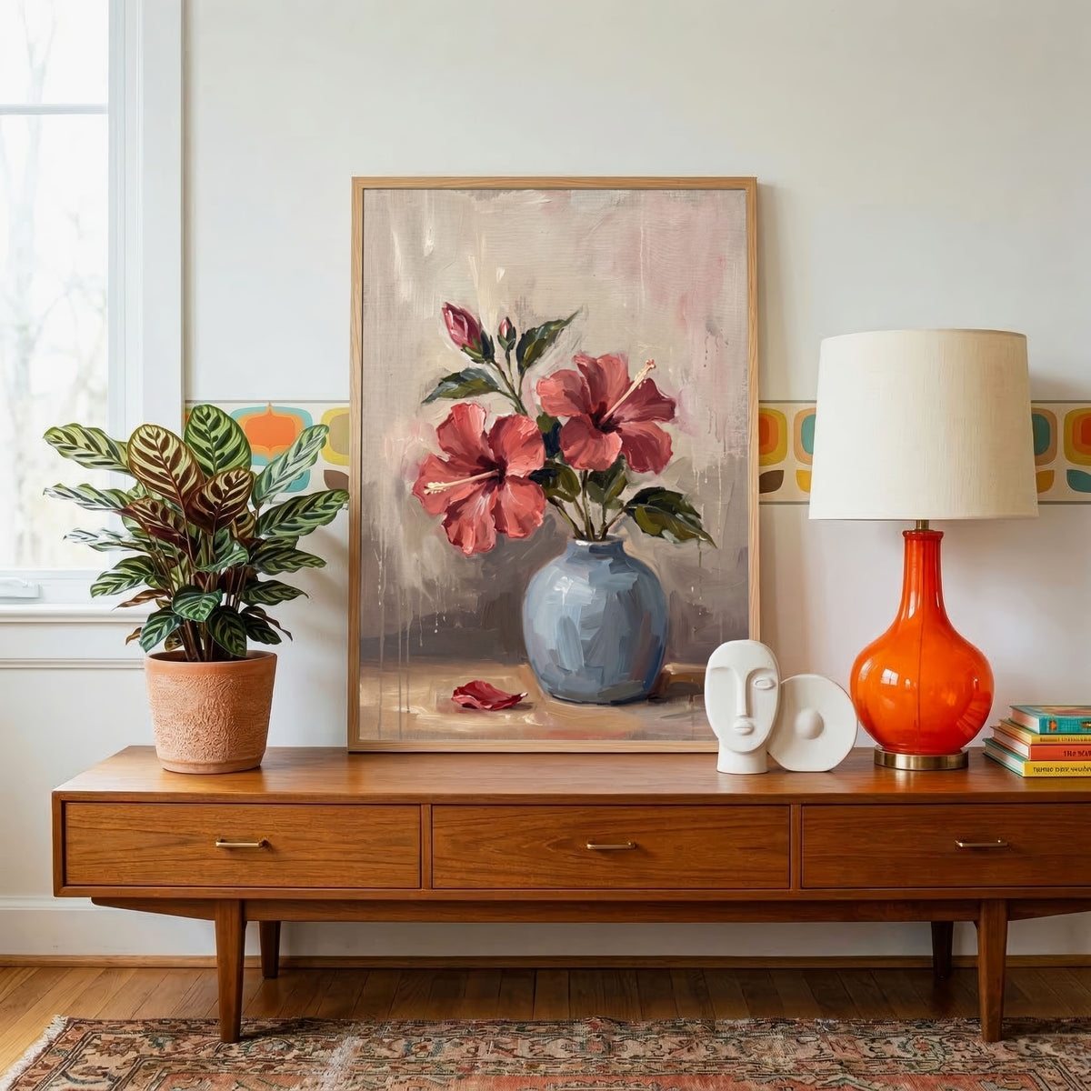 Hibiscus in Grey Ceramic | Floral Still Life Art 3 : 4 Vertical Premium Wall Art Canvas by MeriDeewar