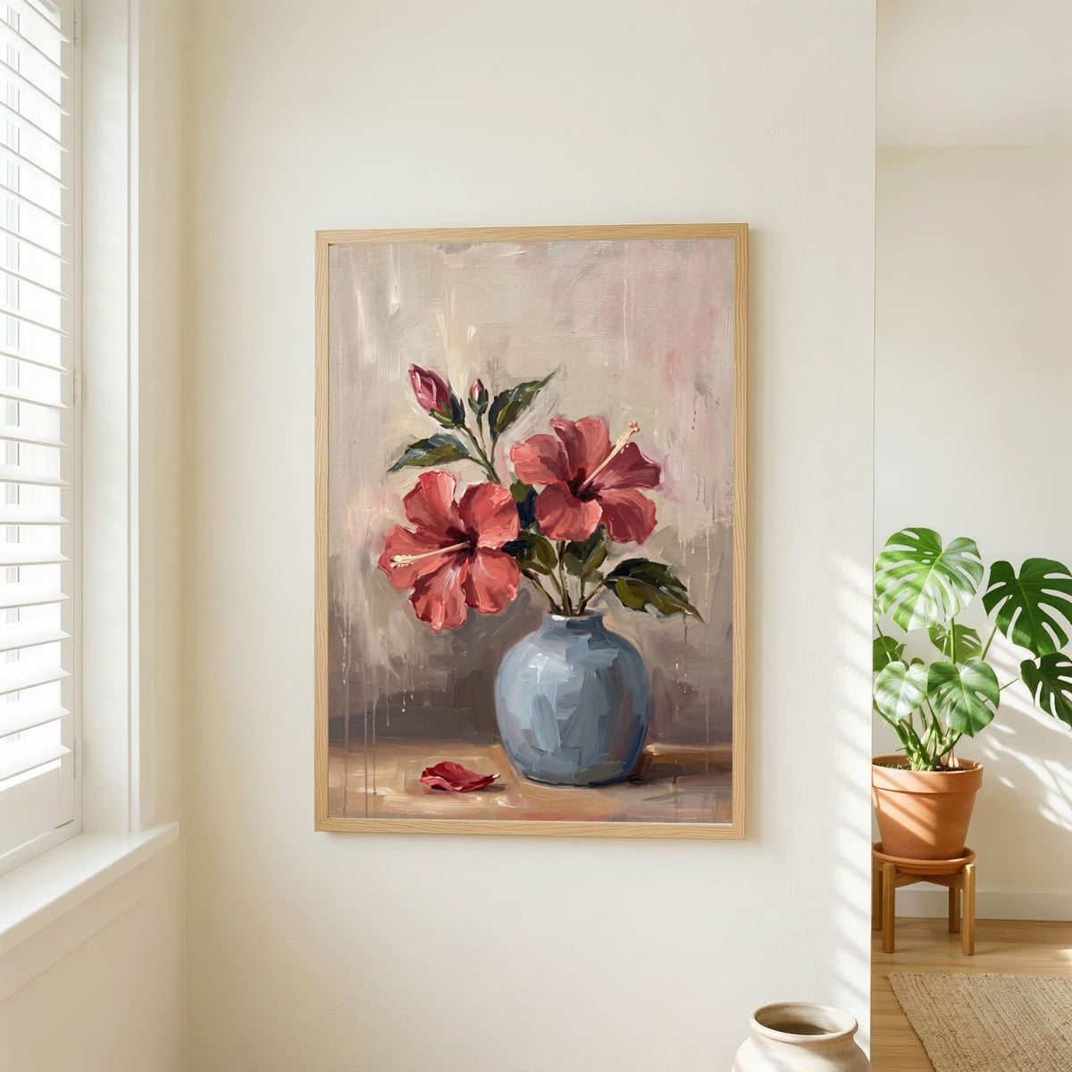 Hibiscus in Grey Ceramic | Floral Still Life Art 3 : 4 Vertical Premium Wall Art Canvas by MeriDeewar