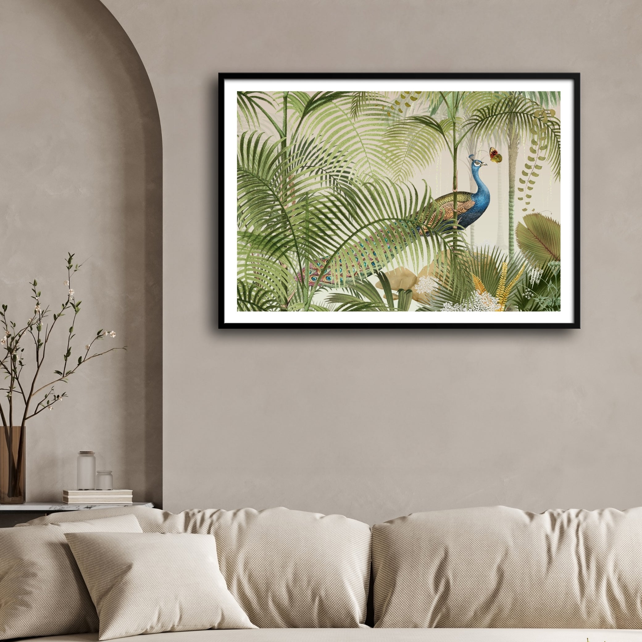 Hidden Peacock Canopy — Tropical Peacock Canvas 2 : 3 Horizontal Premium Wall Art Canvas by MeriDeewar