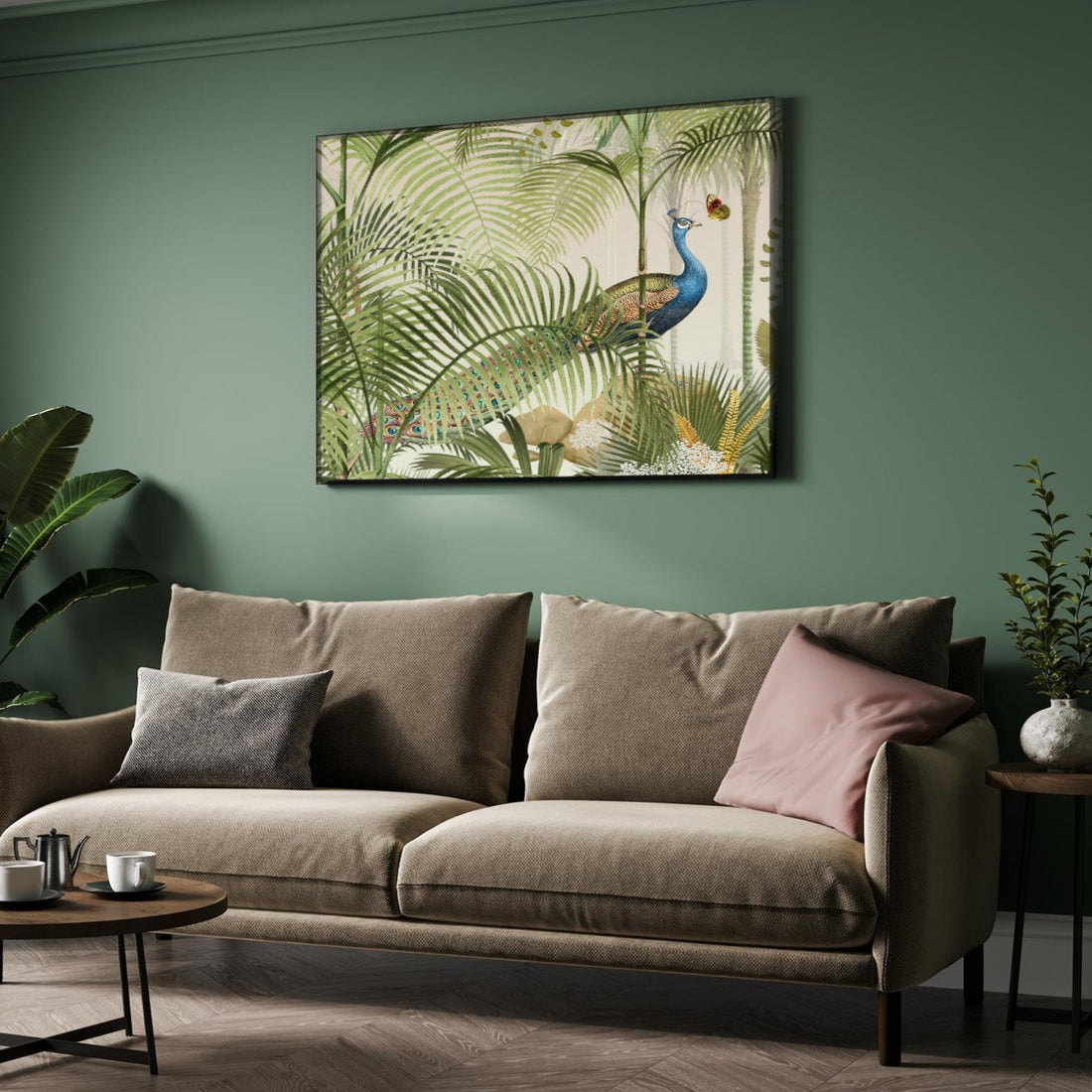Hidden Peacock Canopy — Tropical Peacock Canvas 2 : 3 Horizontal Premium Wall Art Canvas by MeriDeewar