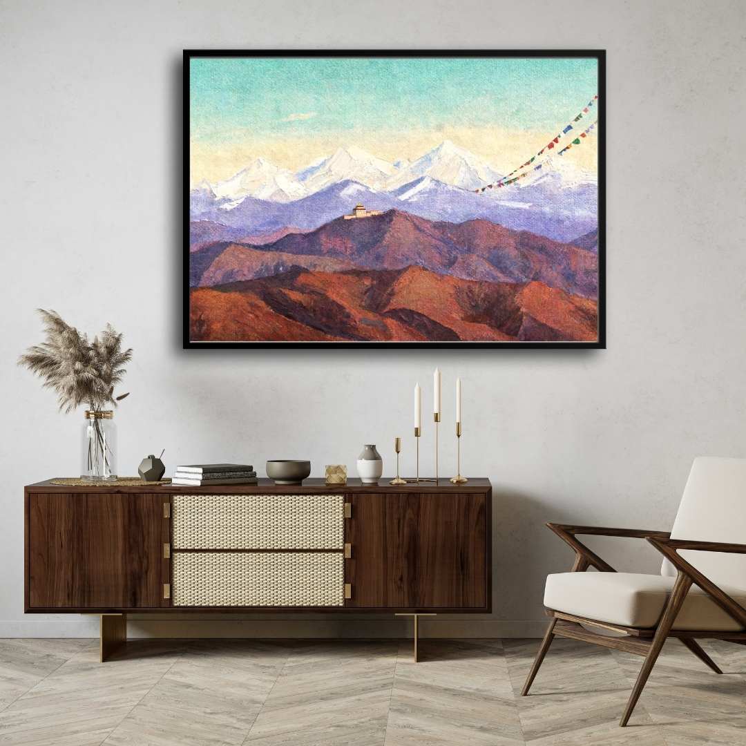 Himalayan Mountain Monastery Painting | Horizontal Landscape Framed Wall Art 2 : 3 Horizontal Premium Wall Art Canvas by MeriDeewar