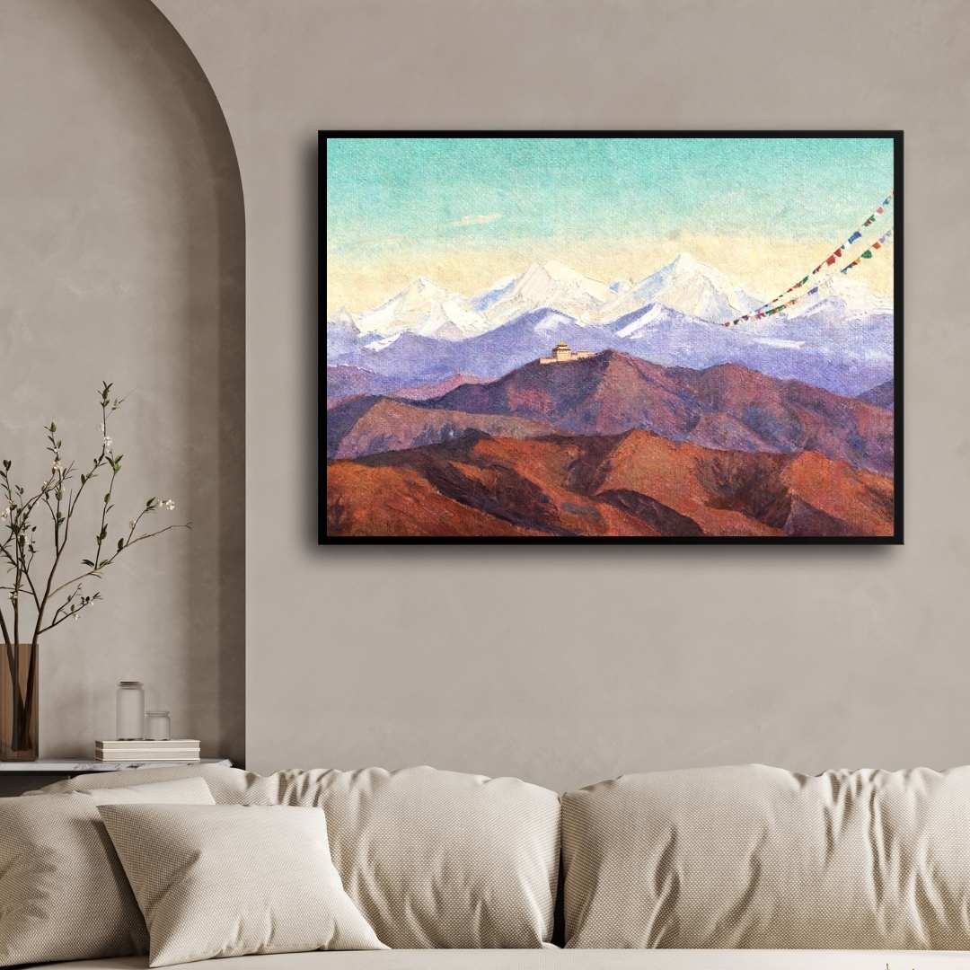 Himalayan Mountain Monastery Painting | Horizontal Landscape Framed Wall Art 2 : 3 Horizontal Premium Wall Art Canvas by MeriDeewar