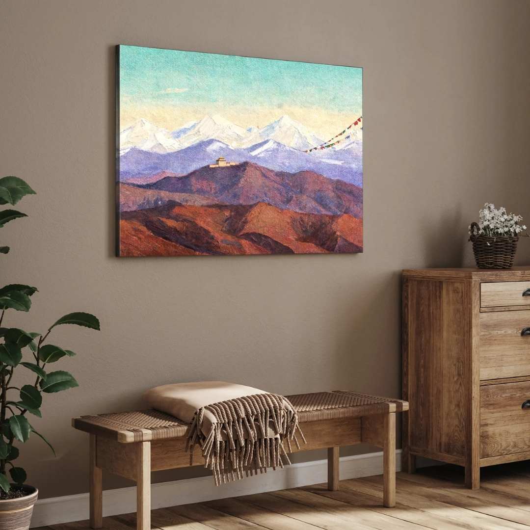 Himalayan Mountain Monastery Painting | Horizontal Landscape Framed Wall Art 2 : 3 Horizontal Premium Wall Art Canvas by MeriDeewar
