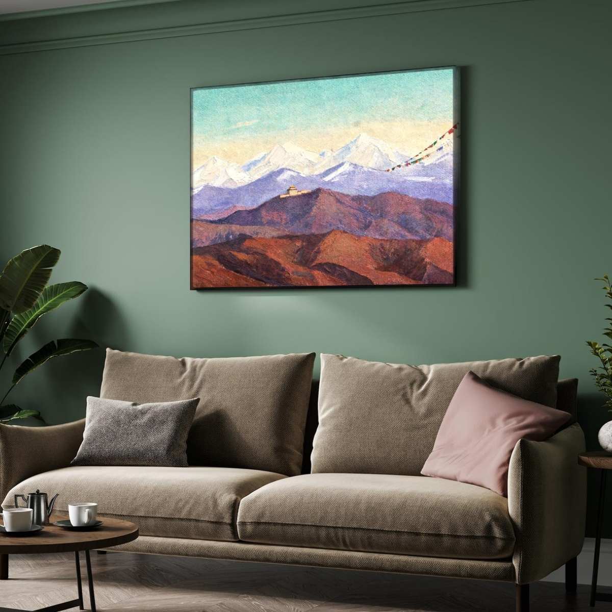 Himalayan Mountain Monastery Painting | Horizontal Landscape Framed Wall Art 2 : 3 Horizontal Premium Wall Art Canvas by MeriDeewar