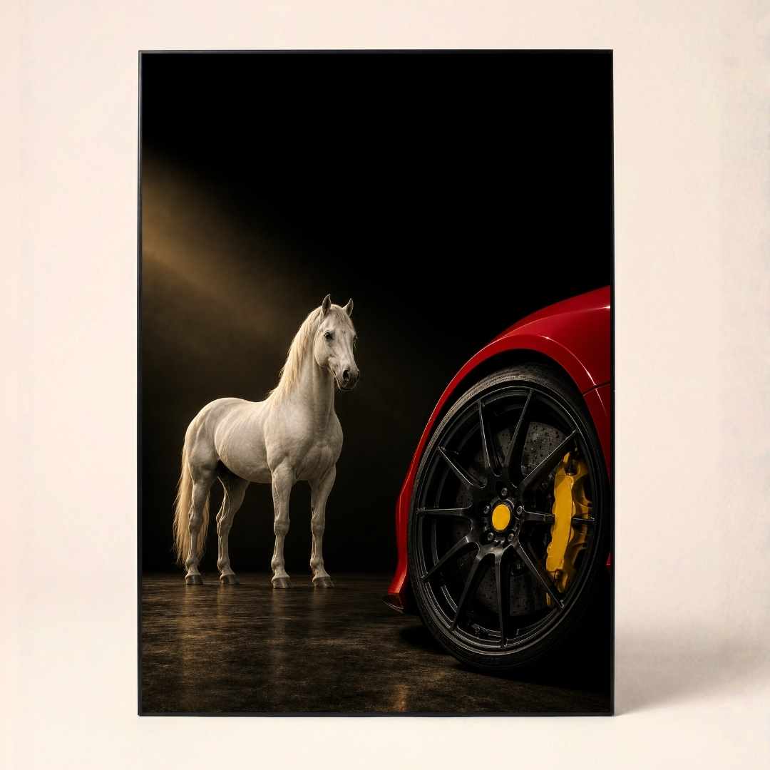 "Horse and Supercar" Automotive Art Poster | Vertical Borderless Art Frame Poster Premium Wall Art Canvas by MeriDeewar