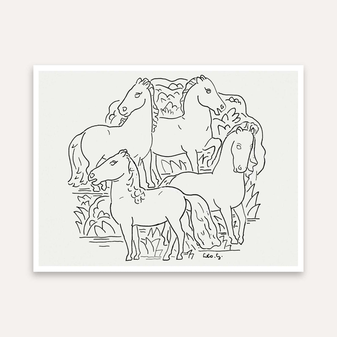 Horse Painting for Living Room | Line Art 4 Horses Wall Art | Vastu Horse Decor | MeriDeewar 5 : 4 Horizontal Premium Wall Art Canvas by MeriDeewar