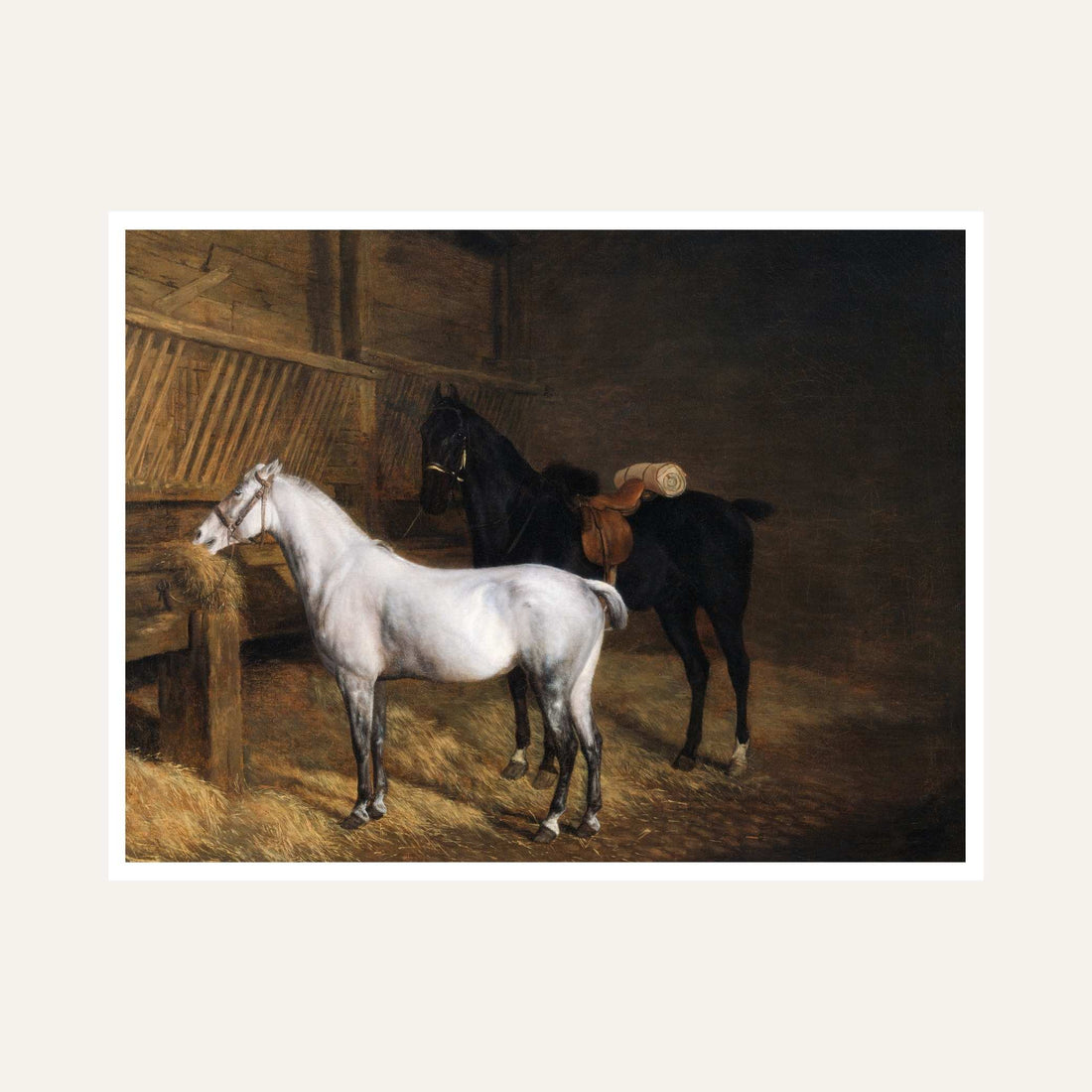 Horse Painting for Living Room – White & Black Horses in Stable | Giclée Fine Art Print 6 : 5 Horizontal Premium Wall Art Canvas by MeriDeewar
