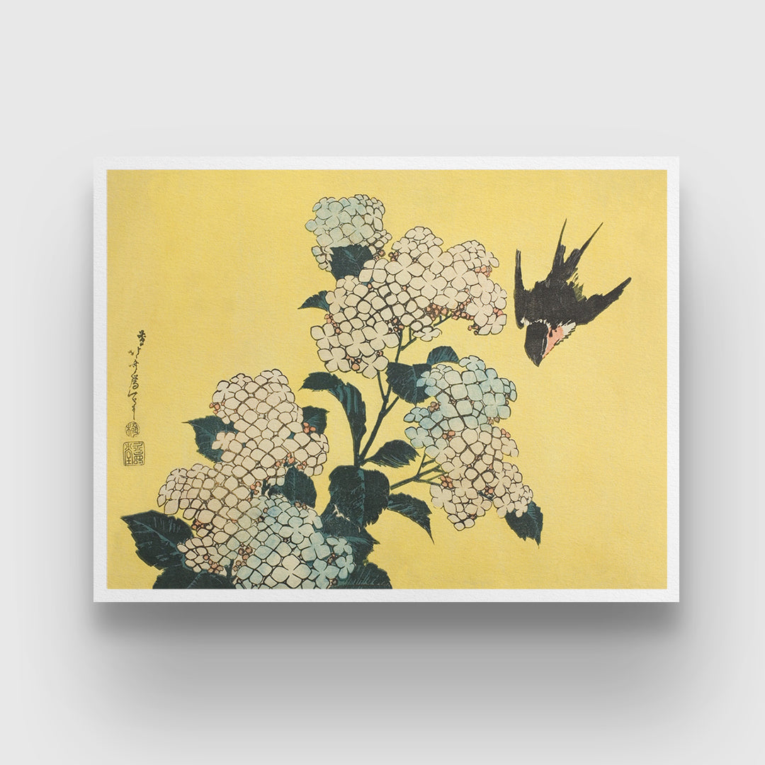 Hydrangea and Swallow Painting By Katsushika Hokusai 3 : 4 Horizontal New Premium Wall Art Canvas by MeriDeewar