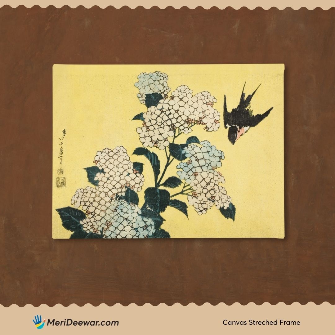 Hydrangea and Swallow Painting By Katsushika Hokusai 3 : 4 Horizontal New Premium Wall Art Canvas by MeriDeewar