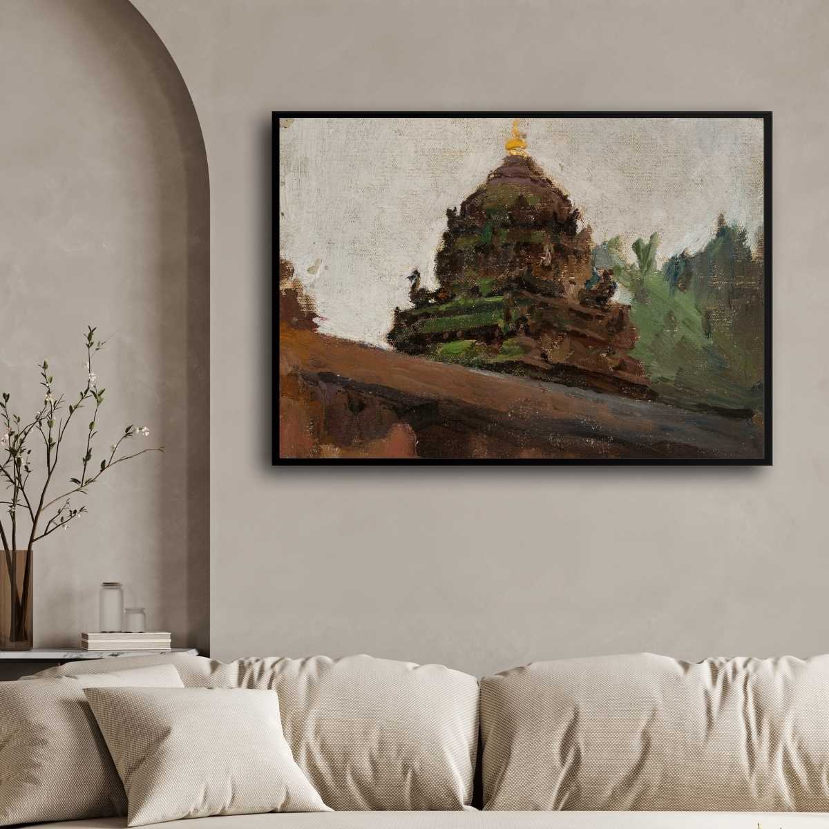 Impressionist Ancient Stone Temple Oil Painting | Horizontal Framed Print 4 : 3 Horizontal Premium Wall Art Canvas by MeriDeewar