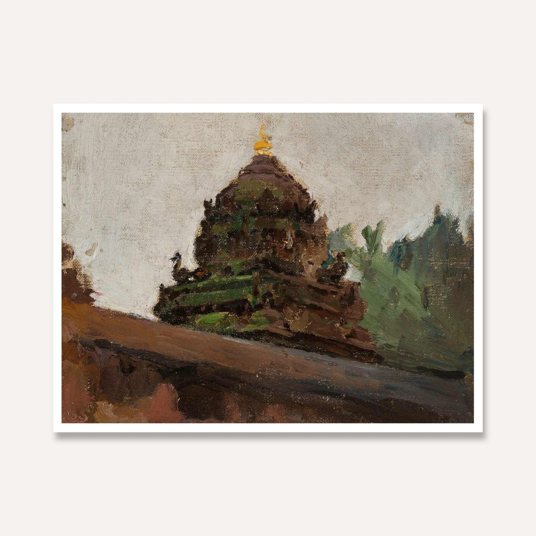 Impressionist Ancient Stone Temple Oil Painting | Horizontal Framed Print 4 : 3 Horizontal Premium Wall Art Canvas by MeriDeewar