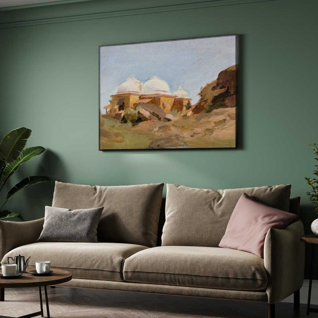 Impressionist Indian Domed Architecture Oil Painting | Horizontal Black Framed Print 4 : 3 Horizontal Premium Wall Art Canvas by MeriDeewar