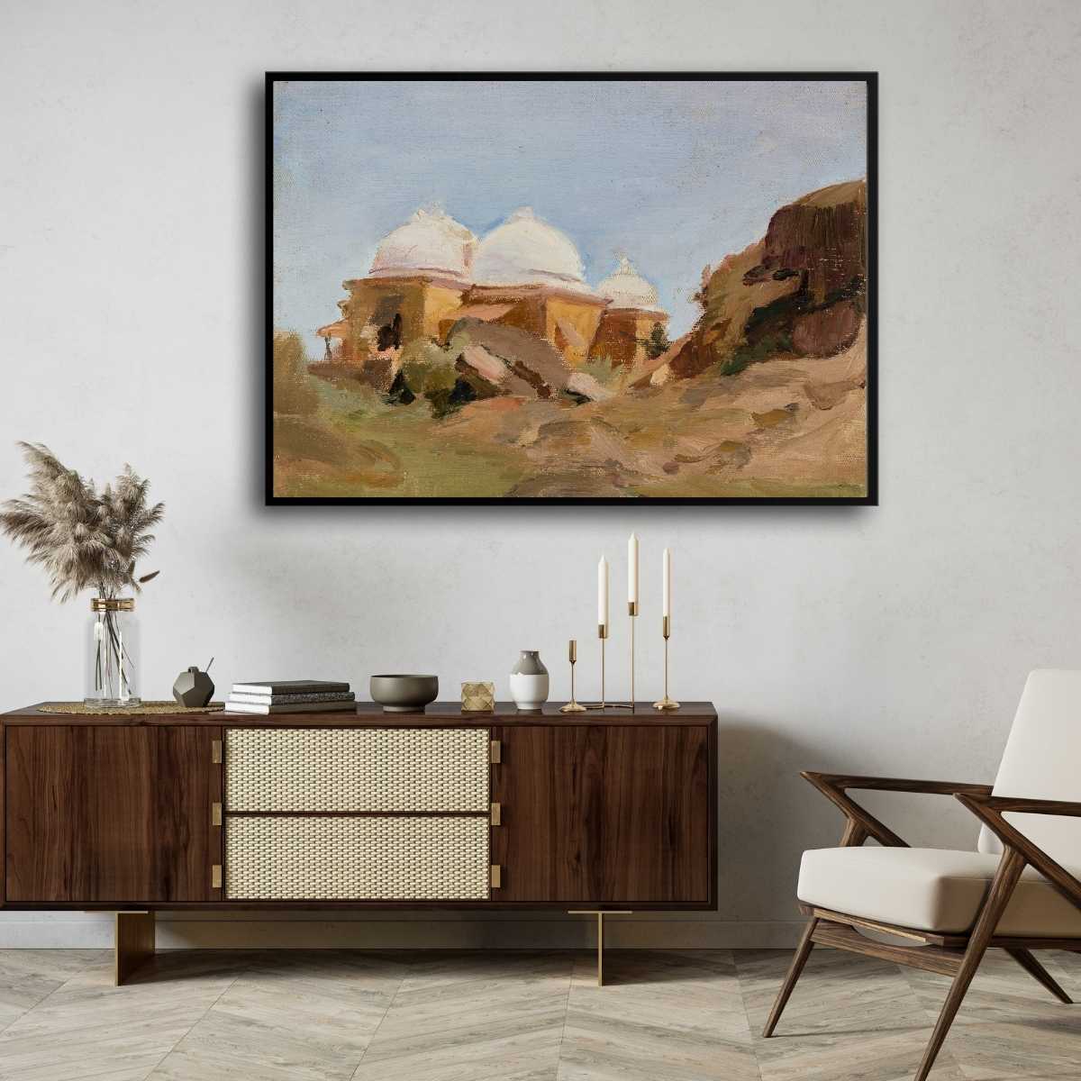 Impressionist Indian Domed Architecture Oil Painting | Horizontal Black Framed Print 4 : 3 Horizontal Premium Wall Art Canvas by MeriDeewar
