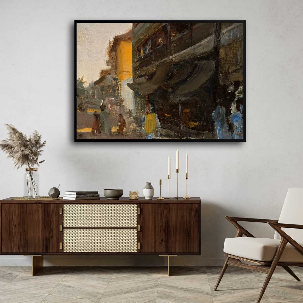 Impressionist Indian Old City Street Oil Painting | Horizontal Framed Print 4 : 3 Horizontal Premium Wall Art Canvas by MeriDeewar
