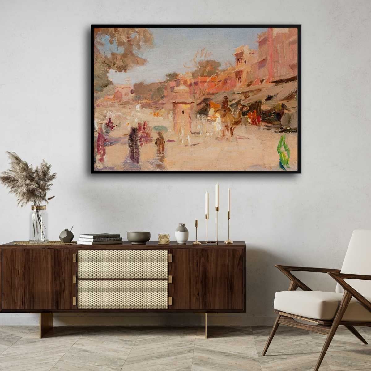 Impressionist Indian Pink City Bazaar Oil Painting | Horizontal Framed Print 4 : 3 Horizontal Premium Wall Art Canvas by MeriDeewar