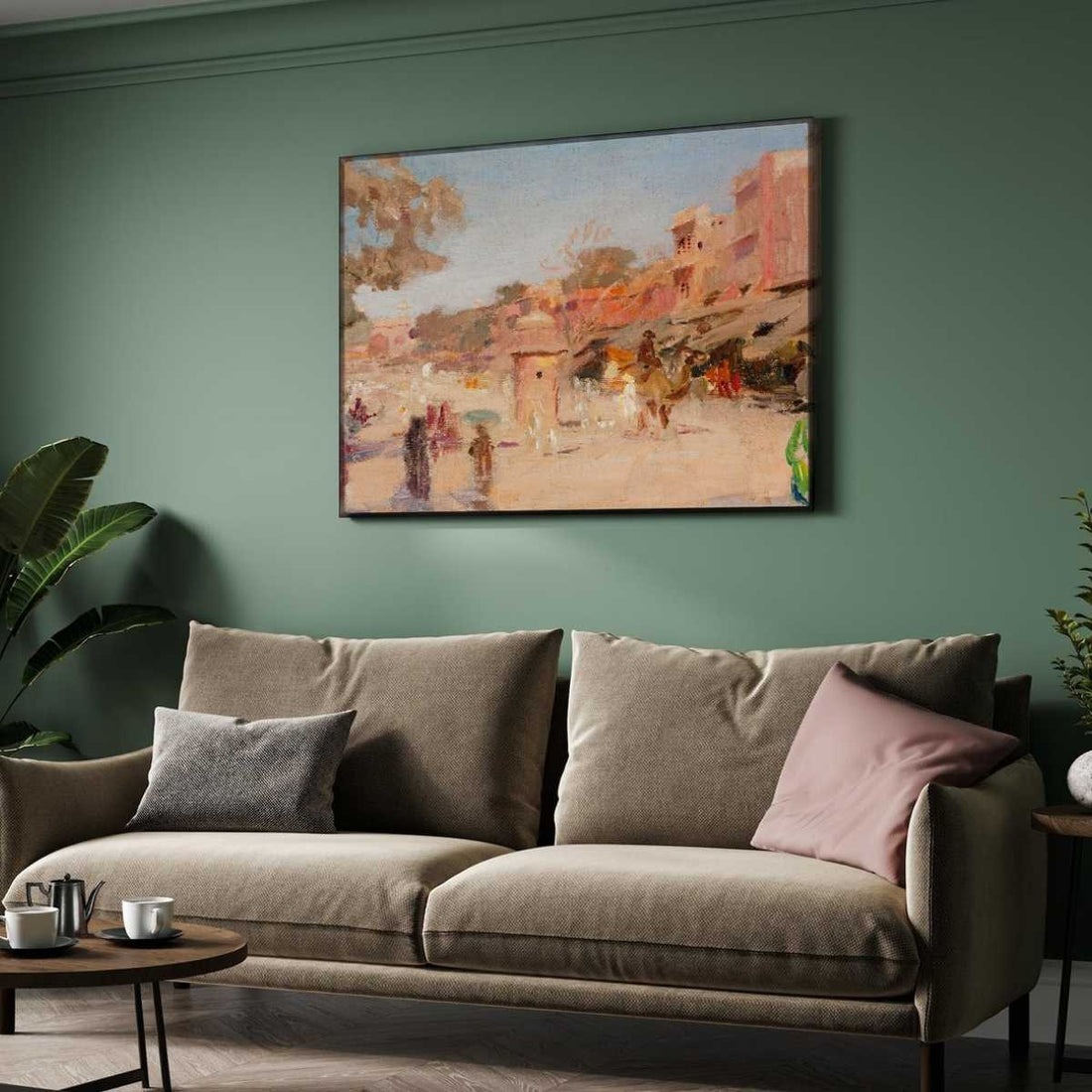 Impressionist Indian Pink City Bazaar Oil Painting | Horizontal Framed Print 4 : 3 Horizontal Premium Wall Art Canvas by MeriDeewar