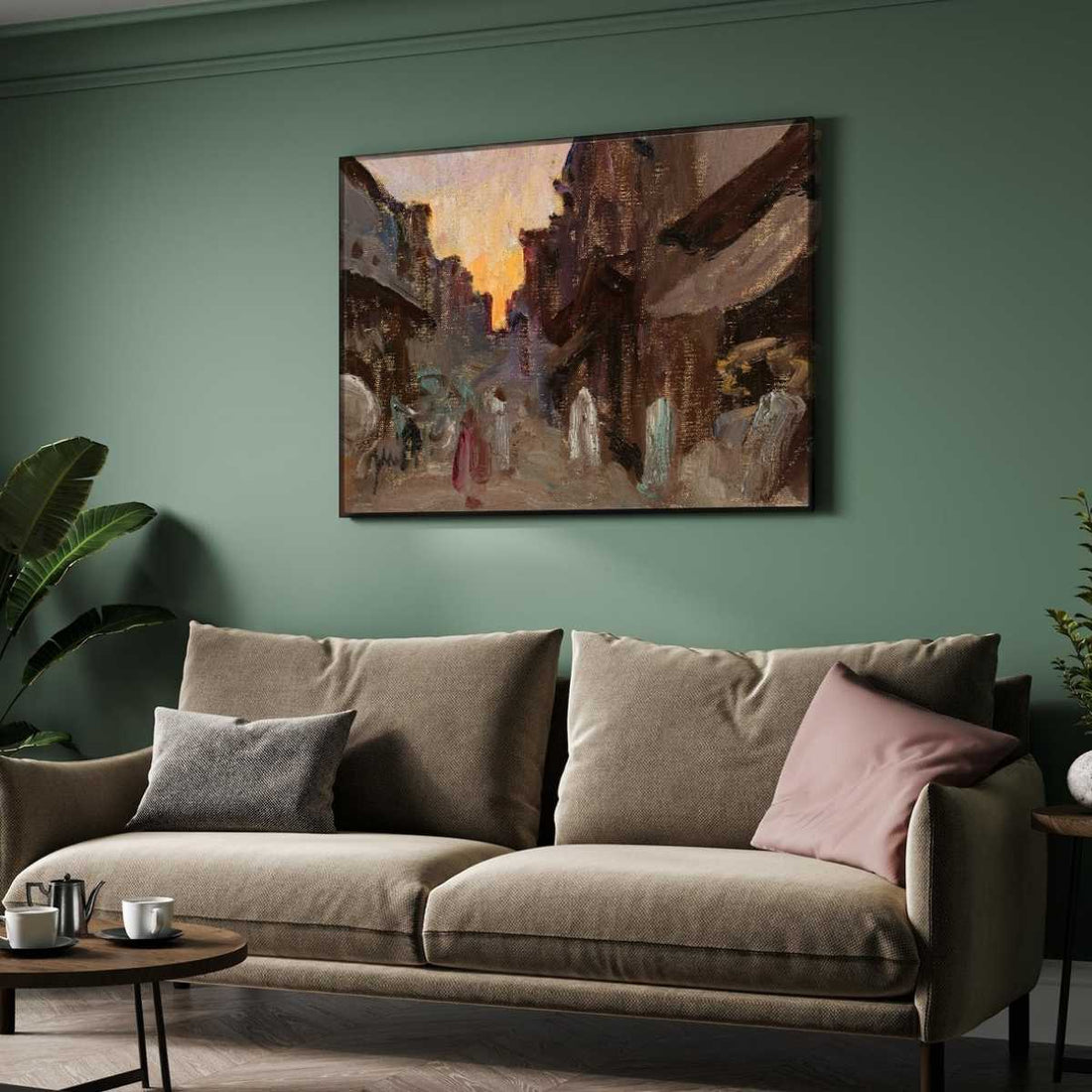 Impressionist Tanjore Street Sunset Oil Painting | Horizontal Framed Print 4 : 3 Horizontal Premium Wall Art Canvas by MeriDeewar