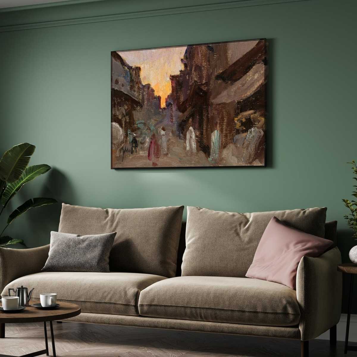 Impressionist Indian Street Sunset Oil Painting | Horizontal Framed Print 4 : 3 Horizontal Premium Wall Art Canvas by MeriDeewar