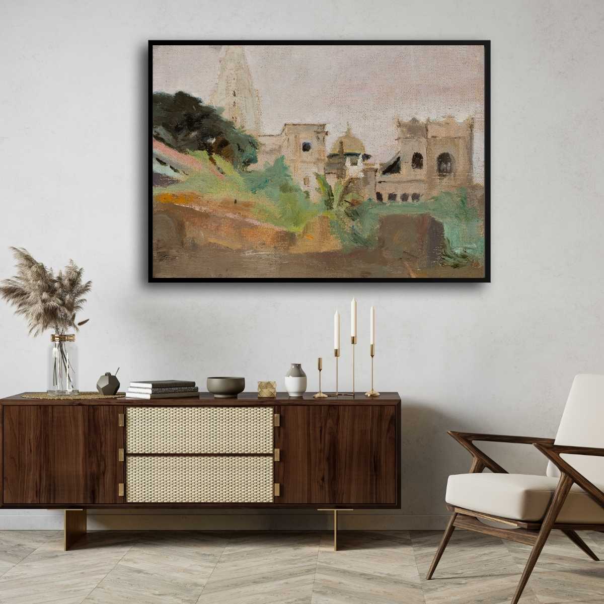 Impressionist Indian Temple Architecture Oil Painting | Horizontal Framed Print 4 : 3 Horizontal Premium Wall Art Canvas by MeriDeewar