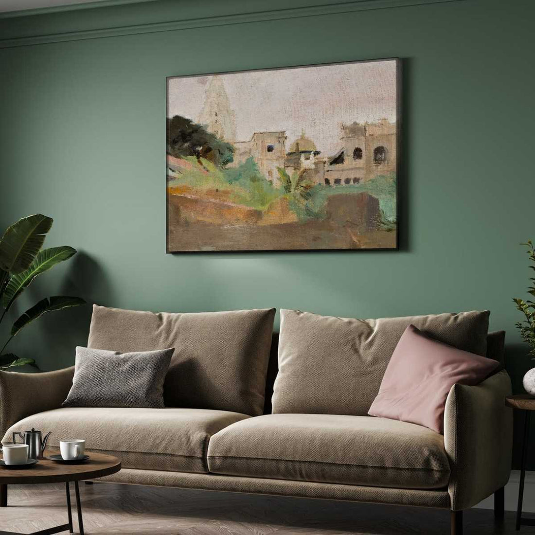 Impressionist Indian Temple Architecture Oil Painting | Horizontal Framed Print 4 : 3 Horizontal Premium Wall Art Canvas by MeriDeewar