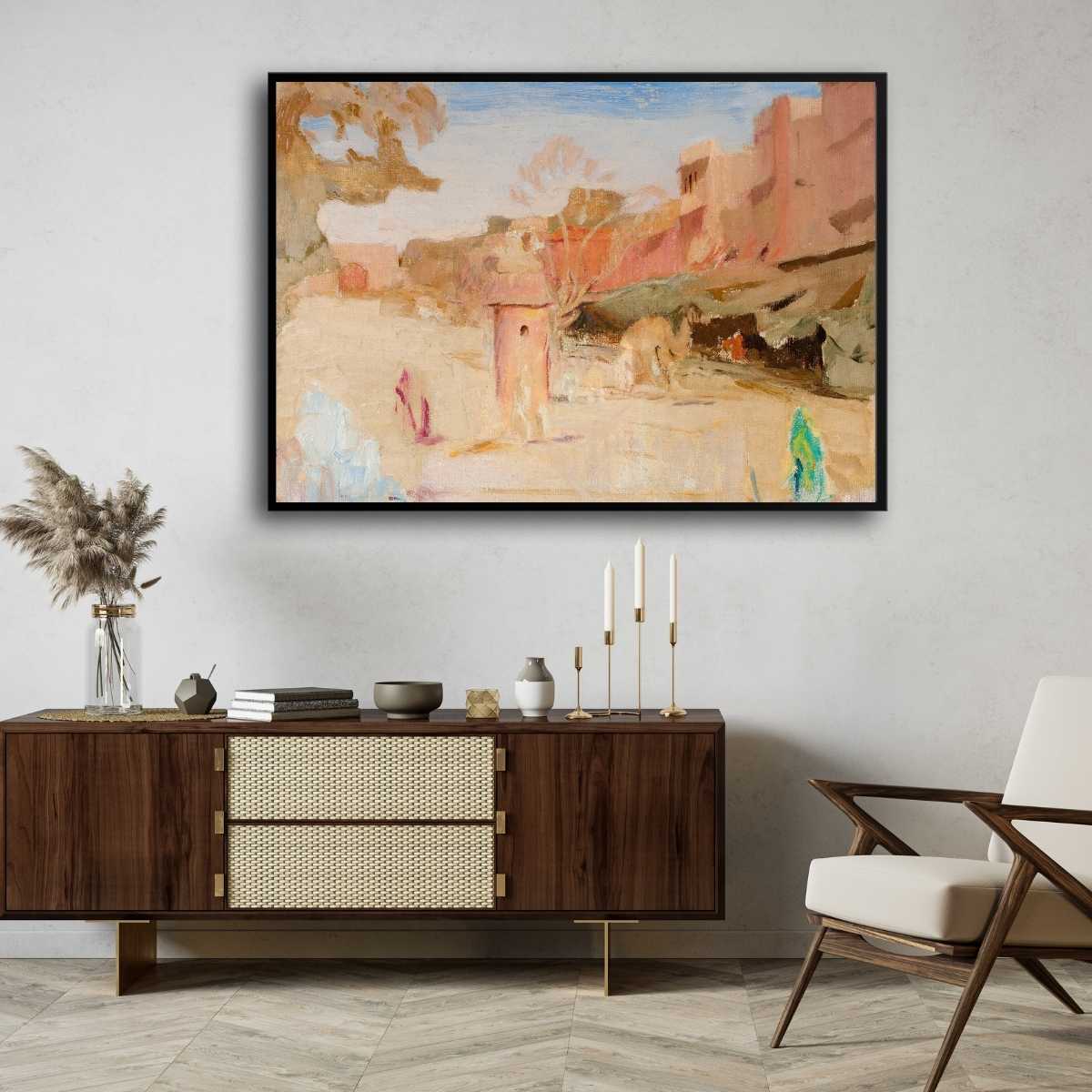 Impressionist Jaipur Street Scene Oil Painting | Horizontal Framed Print 4 : 3 Horizontal Premium Wall Art Canvas by MeriDeewar