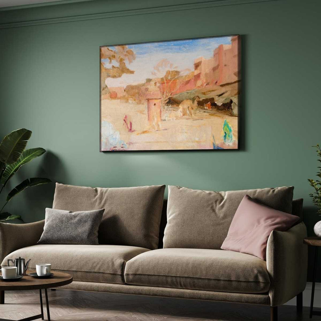 Impressionist Jaipur Street Scene Oil Painting | Horizontal Framed Print 4 : 3 Horizontal Premium Wall Art Canvas by MeriDeewar