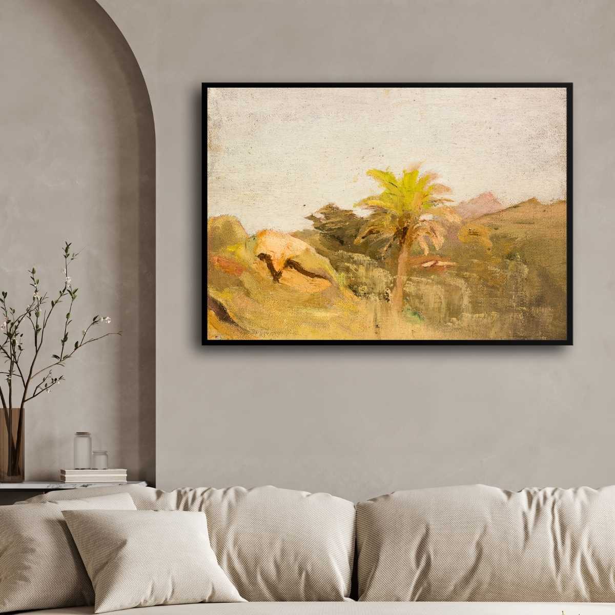 Impressionist Rustic Desert Palm Landscape Oil Painting | Horizontal Framed Print 4 : 3 Horizontal Premium Wall Art Canvas by MeriDeewar