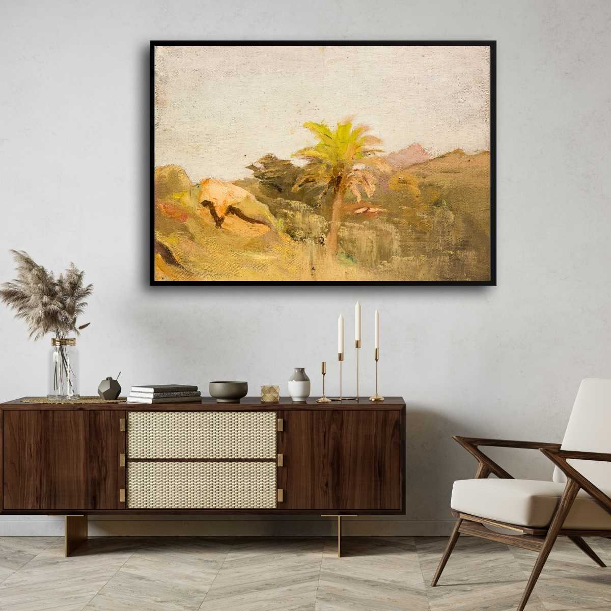 Impressionist Rustic Desert Palm Landscape Oil Painting | Horizontal Framed Print 4 : 3 Horizontal Premium Wall Art Canvas by MeriDeewar