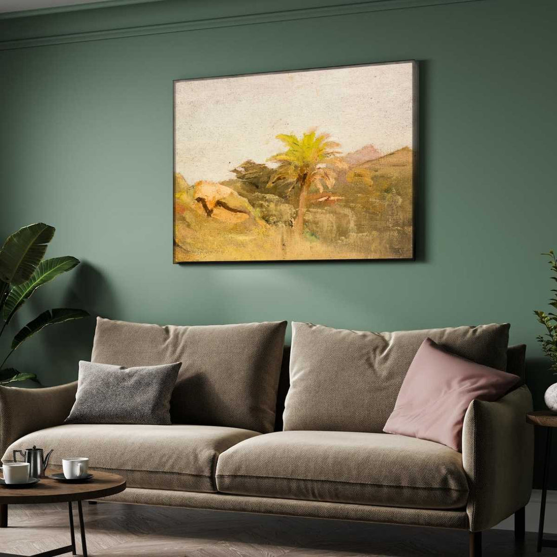 Impressionist Rustic Desert Palm Landscape Oil Painting | Horizontal Framed Print 4 : 3 Horizontal Premium Wall Art Canvas by MeriDeewar