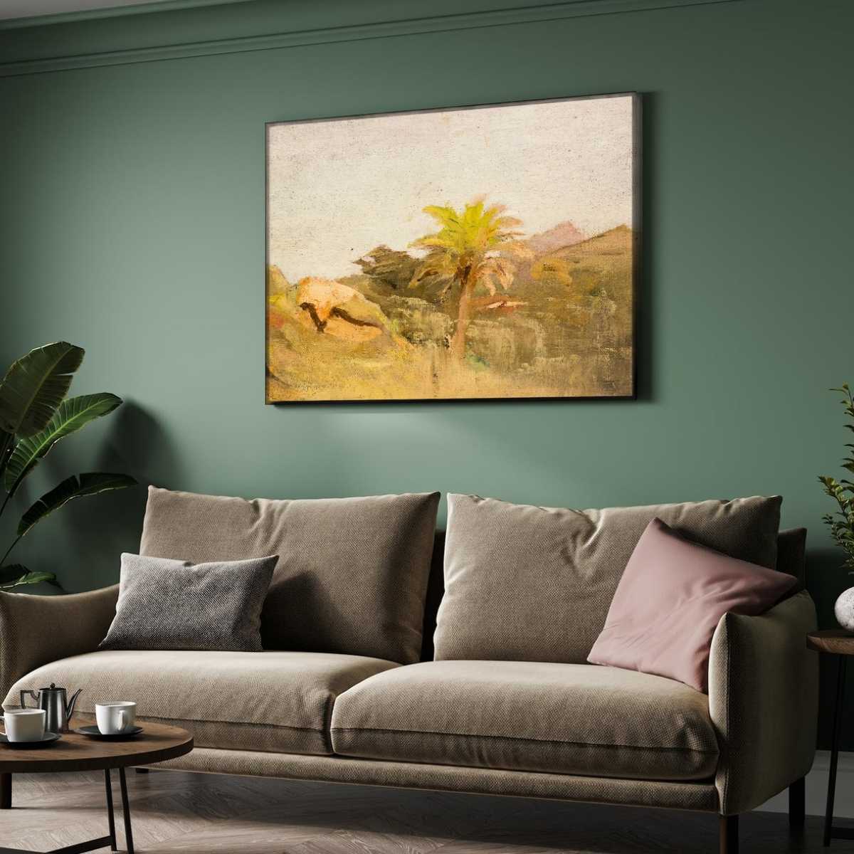 Impressionist Rustic Desert Palm Landscape Oil Painting | Horizontal Framed Print 4 : 3 Horizontal Premium Wall Art Canvas by MeriDeewar