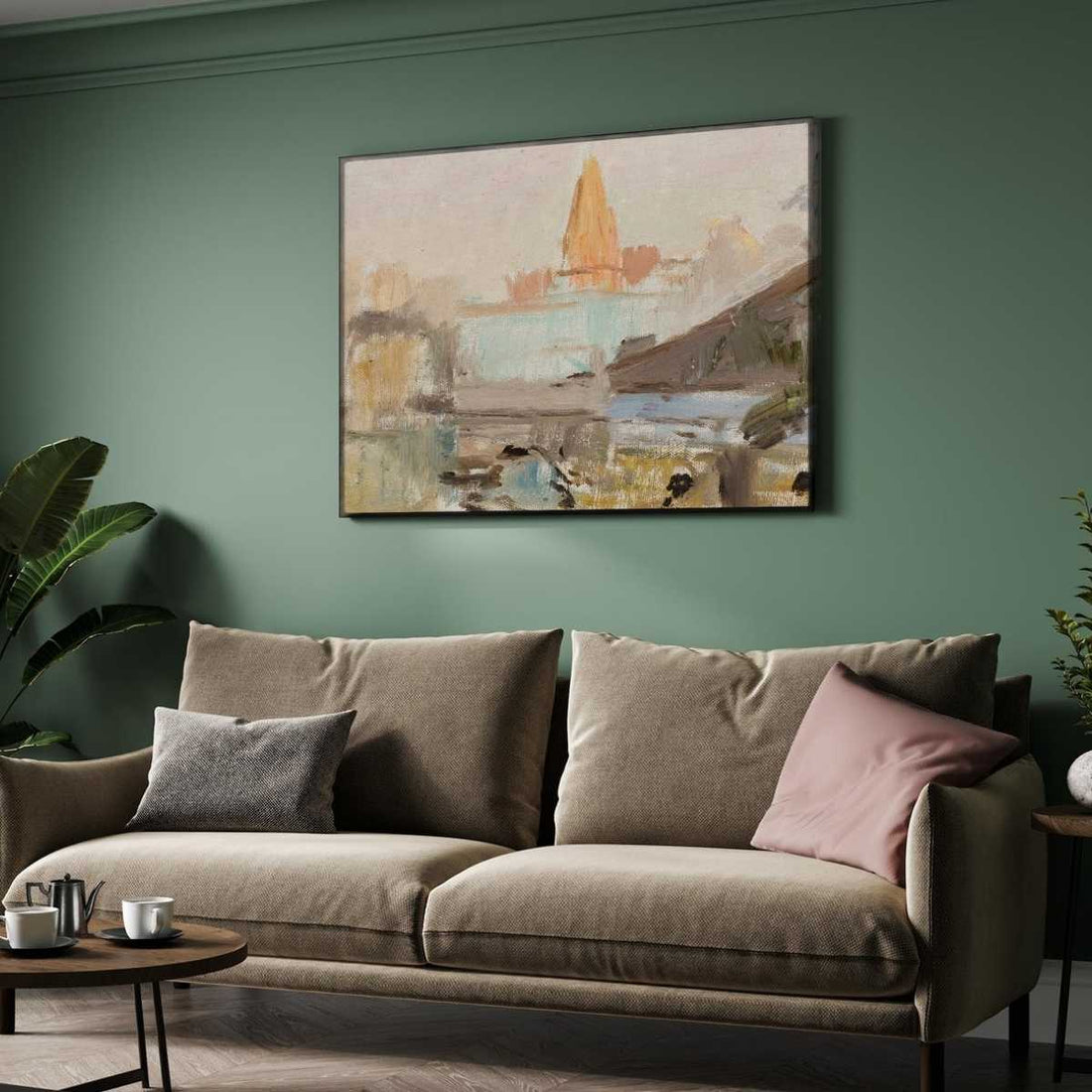 Impressionist Sacred River Temple Oil Painting | Horizontal Framed Print 4 : 3 Horizontal Premium Wall Art Canvas by MeriDeewar