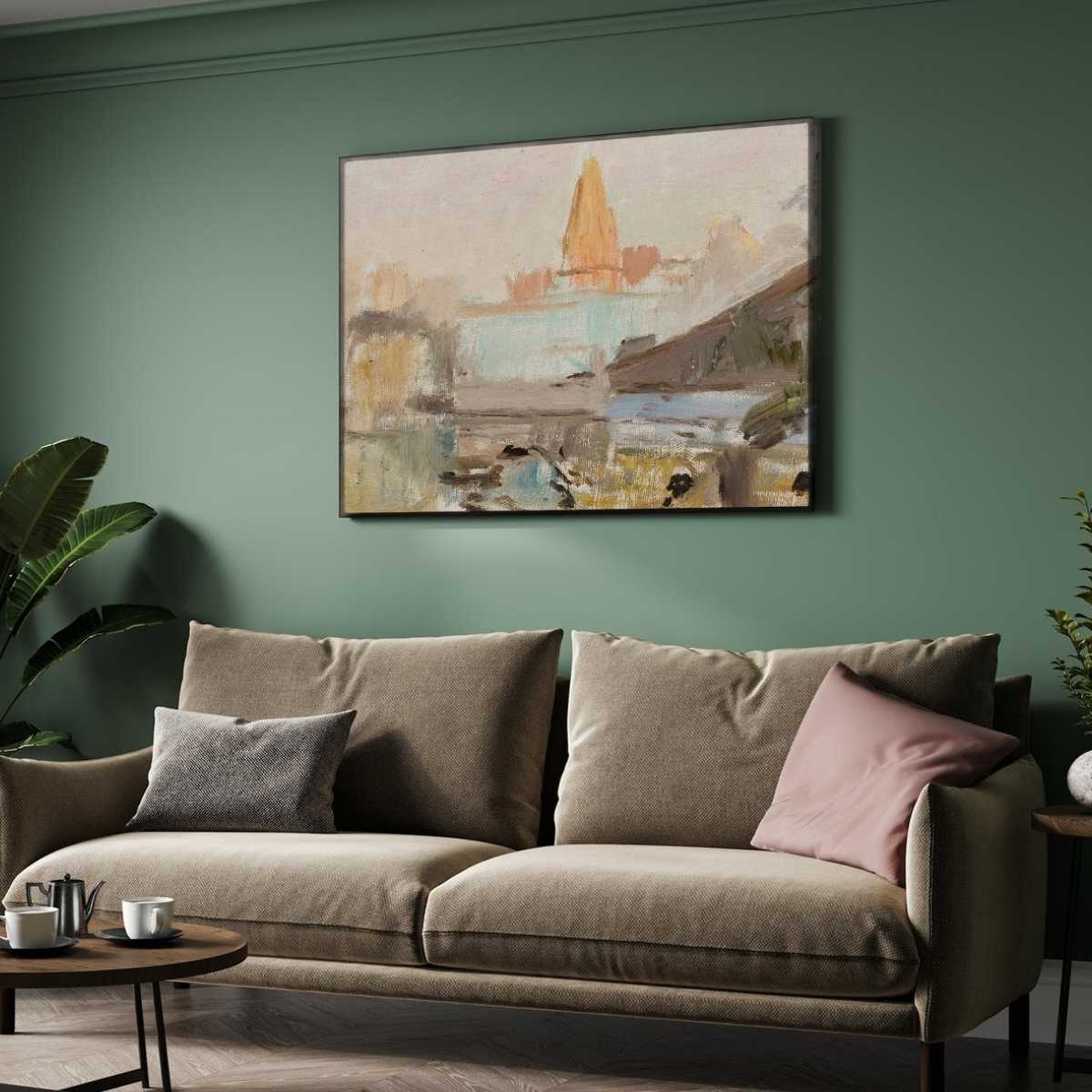 Impressionist Sacred River Temple Oil Painting | Horizontal Framed Print 4 : 3 Horizontal Premium Wall Art Canvas by MeriDeewar