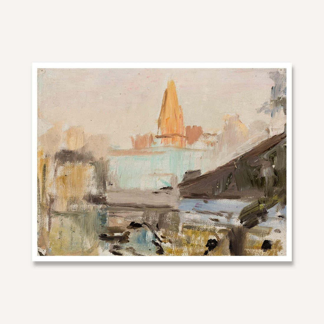 Impressionist Sacred River Temple Oil Painting | Horizontal Framed Print 4 : 3 Horizontal Premium Wall Art Canvas by MeriDeewar