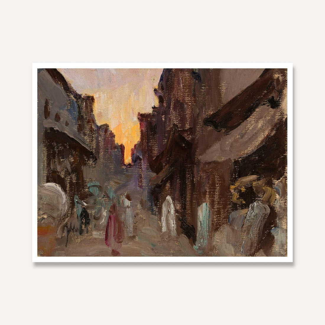 Impressionist Tanjore Street Sunset Oil Painting | Horizontal Framed Print 4 : 3 Horizontal Premium Wall Art Canvas by MeriDeewar