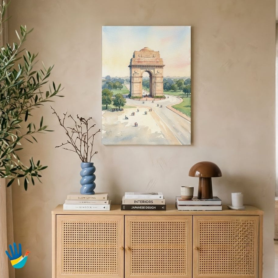India Gate | New Delhi Memorial Arch Boulevard Watercolor Framed Art 3 : 4 Vertical Premium Wall Art Canvas by MeriDeewar