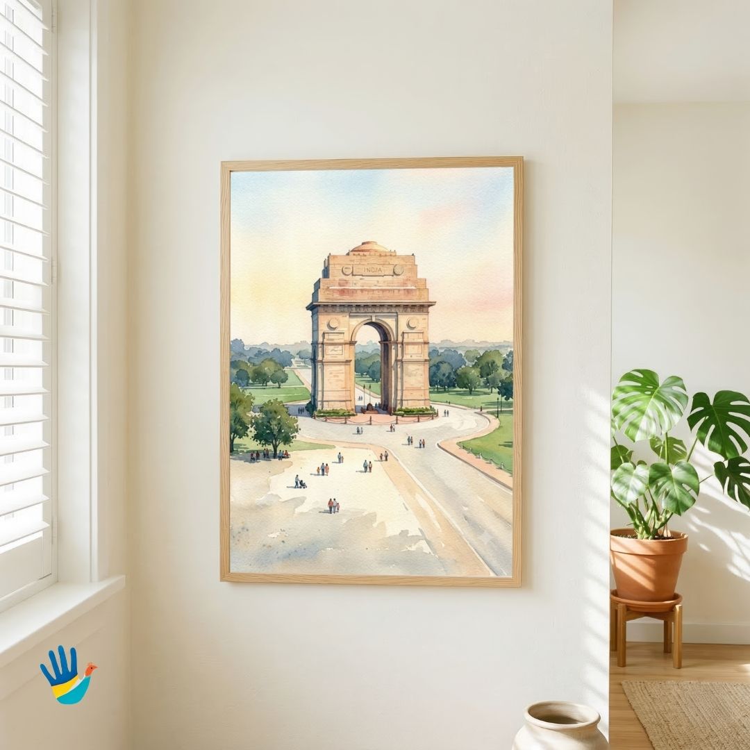 India Gate | New Delhi Memorial Arch Boulevard Watercolor Framed Art 3 : 4 Vertical Premium Wall Art Canvas by MeriDeewar