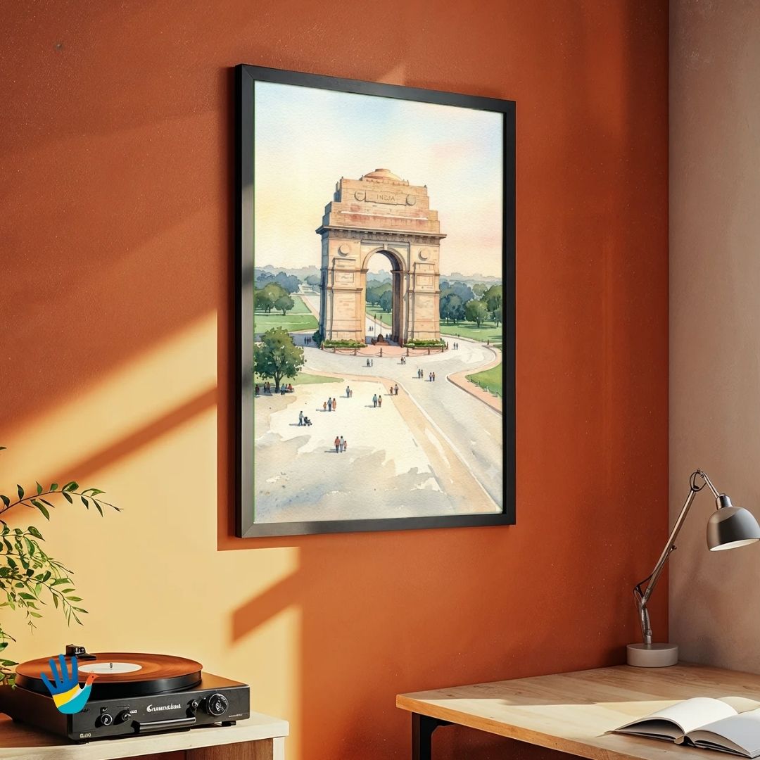 India Gate | New Delhi Memorial Arch Boulevard Watercolor Framed Art 3 : 4 Vertical Premium Wall Art Canvas by MeriDeewar