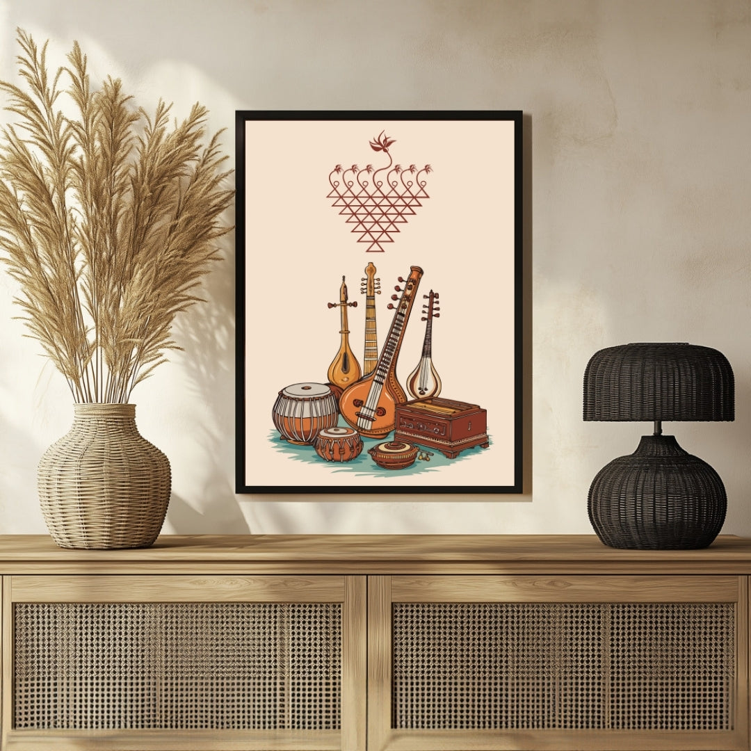Indian Classical Music Instruments – Ethnic Wall Art 3 : 4 Vertical New Premium Wall Art Canvas by MeriDeewar