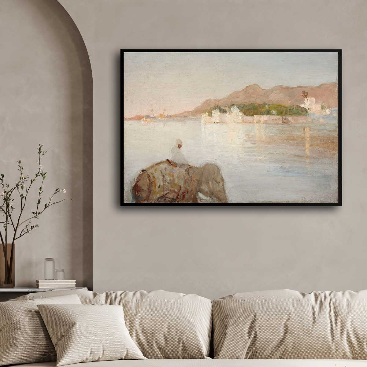 Indian Maharajah Palace & Udaipur Lake  Oil Painting | Horizontal Framed Print 4 : 3 Horizontal Premium Wall Art Canvas by MeriDeewar
