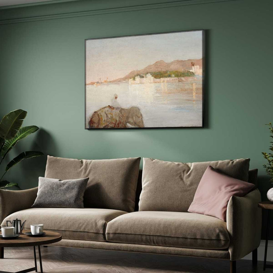 Indian Maharajah Palace & Udaipur Lake  Oil Painting | Horizontal Framed Print 4 : 3 Horizontal Premium Wall Art Canvas by MeriDeewar