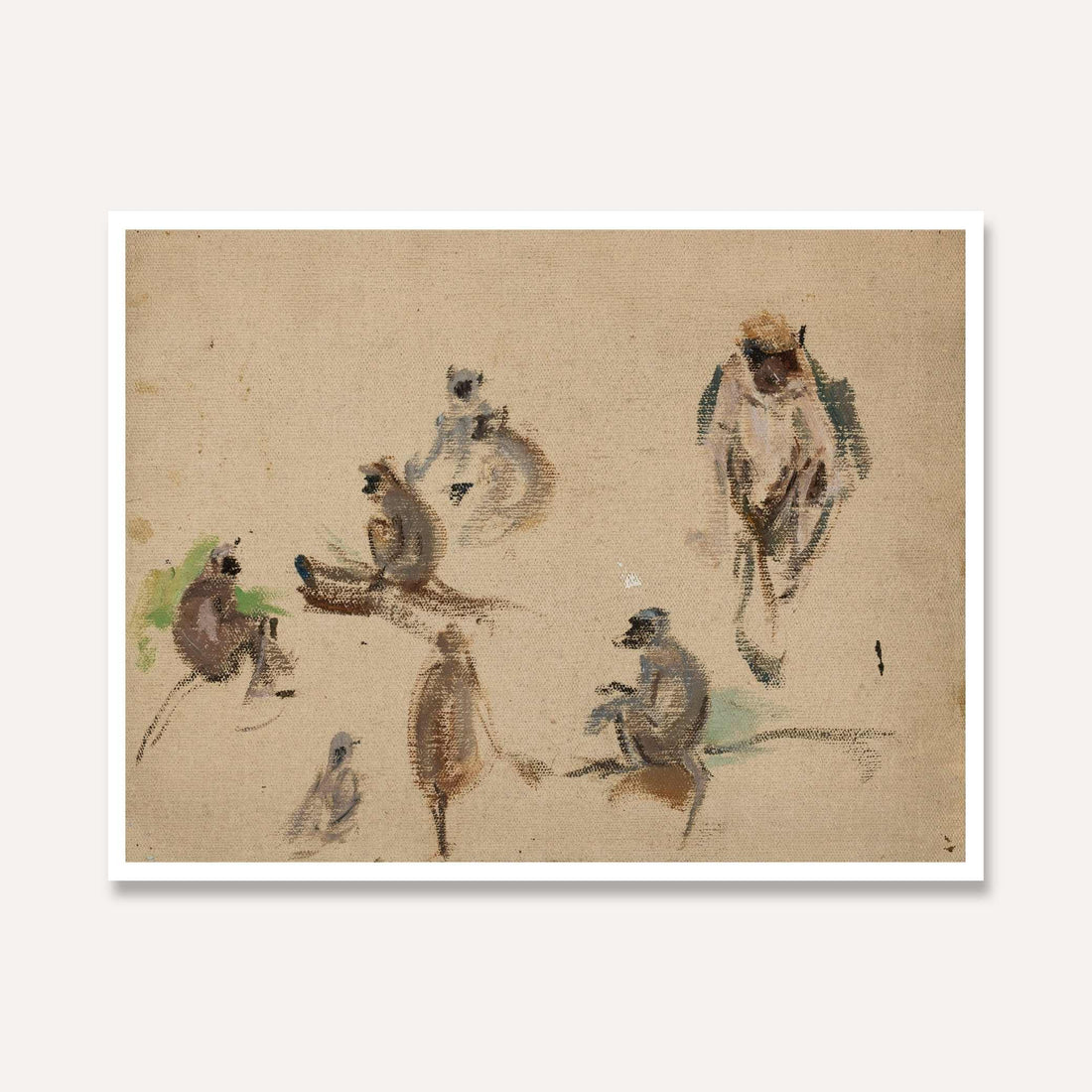Indian Monkey Study Oil Painting | Horizontal Framed Print 4 : 3 Horizontal Premium Wall Art Canvas by MeriDeewar