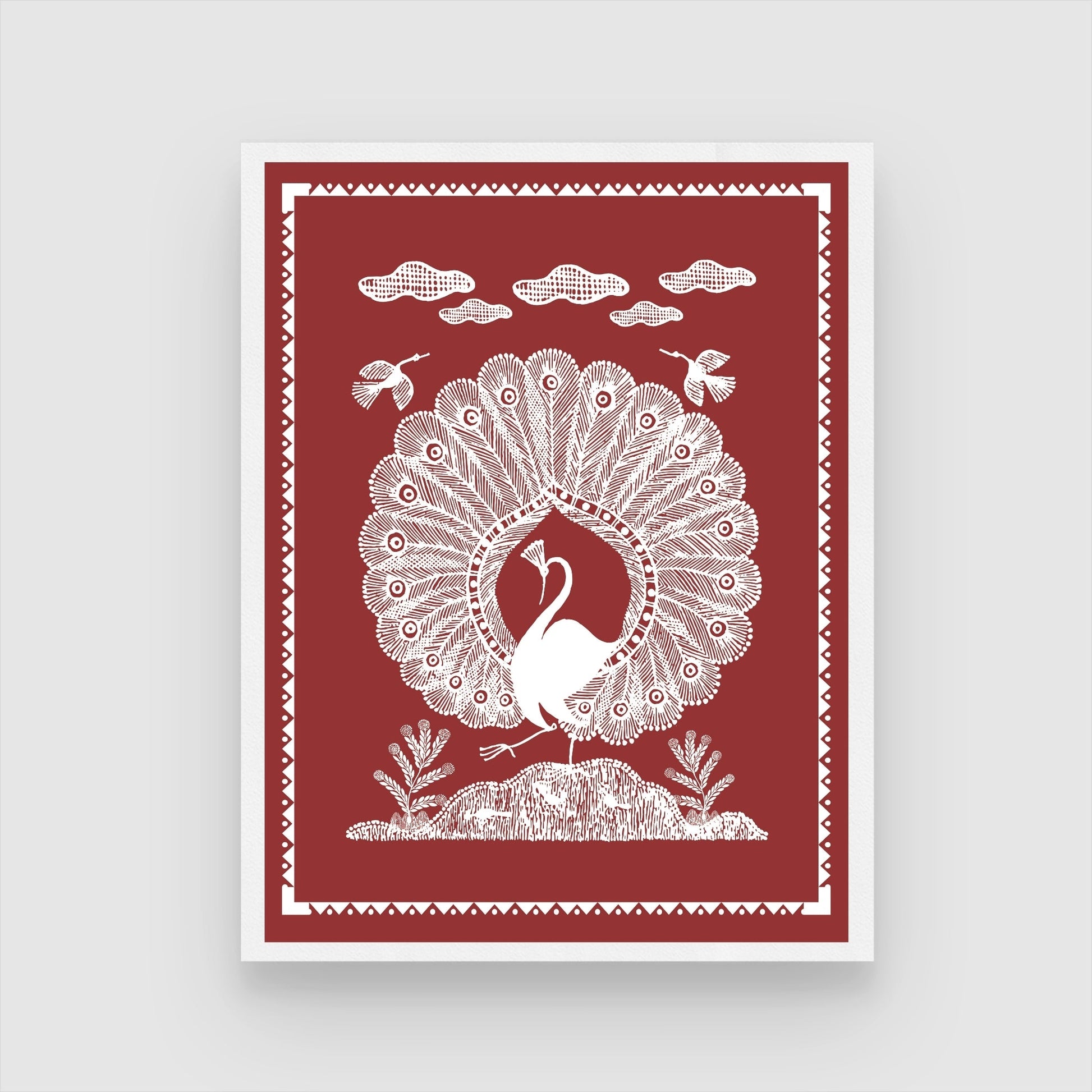 Indian Peacock Warli Painting – Traditional Art for Modern Homes 3 : 4 Vertical New Premium Wall Art Canvas by MeriDeewar