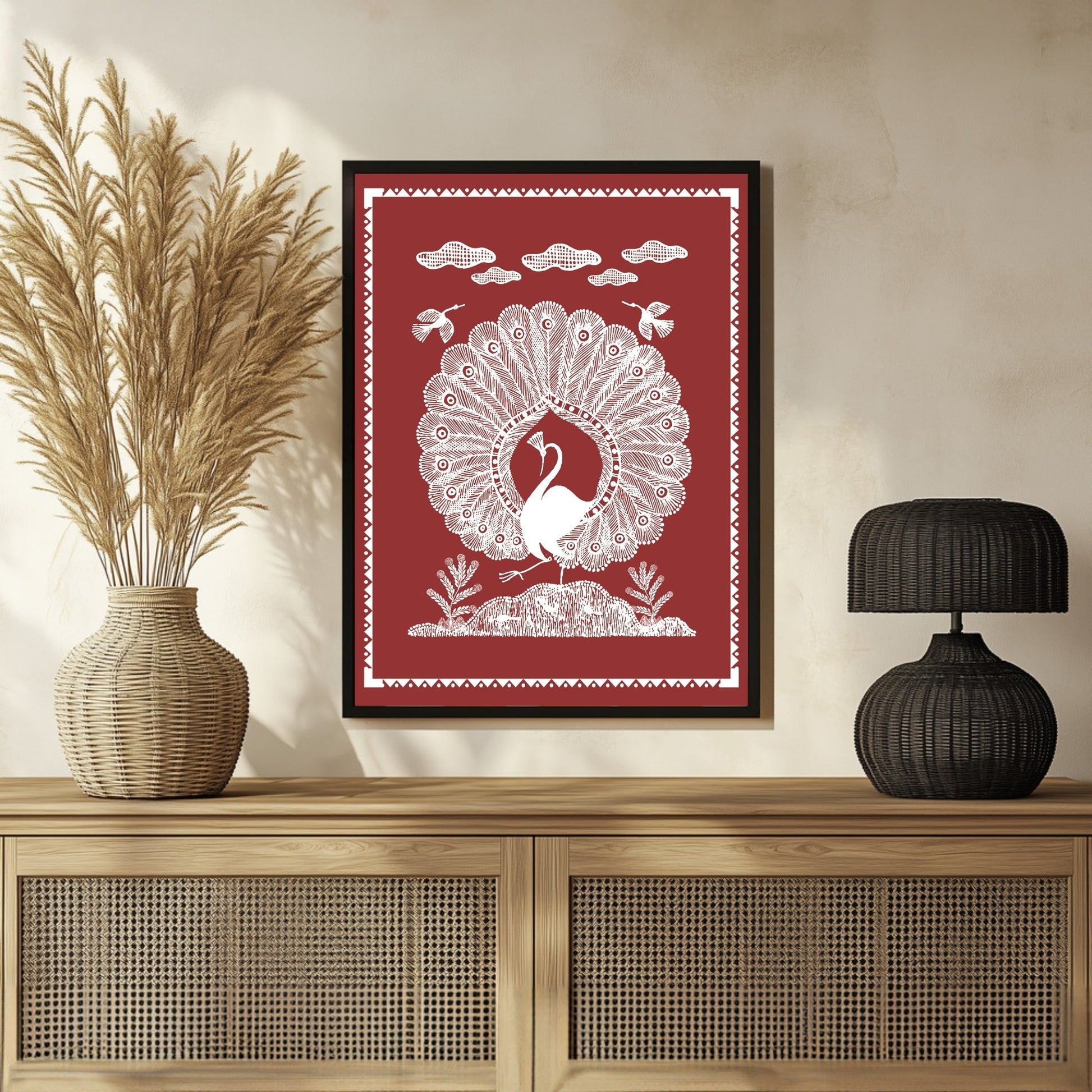 Indian Peacock Warli Painting – Traditional Art for Modern Homes 3 : 4 Vertical New Premium Wall Art Canvas by MeriDeewar