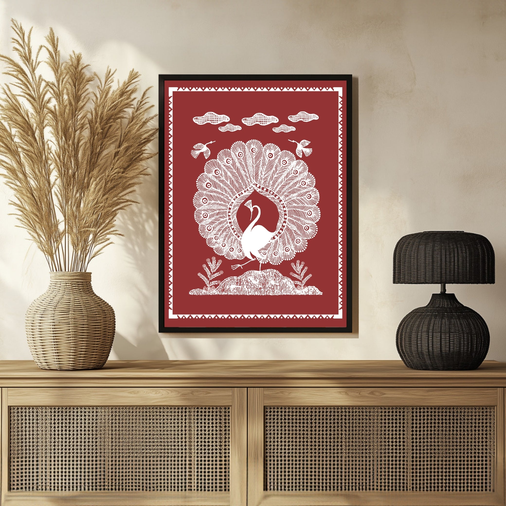 Indian Peacock Warli Painting – Traditional Art for Modern Homes 3 : 4 Vertical New Premium Wall Art Canvas by MeriDeewar