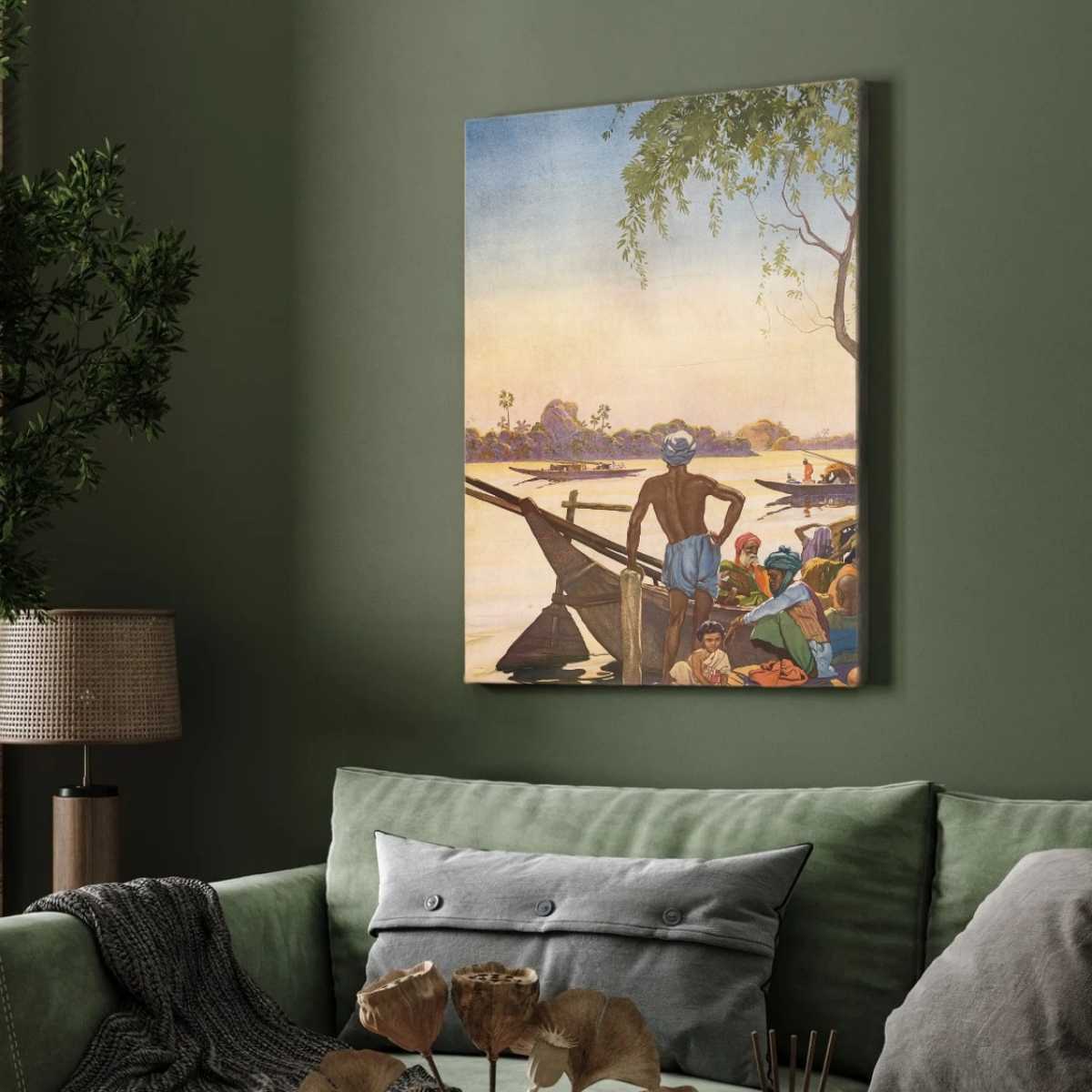 Indian River Ghat Boat Scene Painting | Vertical Framed Print 3 : 4 Vertical Premium Wall Art Canvas by MeriDeewar