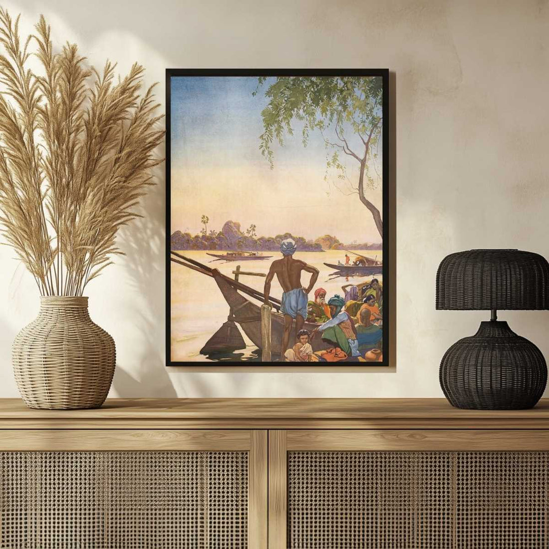 Indian River Ghat Boat Scene Painting | Vertical Framed Print 3 : 4 Vertical Premium Wall Art Canvas by MeriDeewar