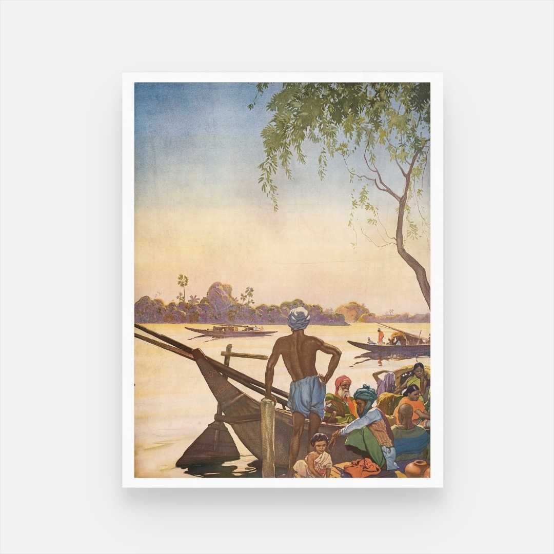 Indian River Ghat Boat Scene Painting | Vertical Framed Print 3 : 4 Vertical Premium Wall Art Canvas by MeriDeewar