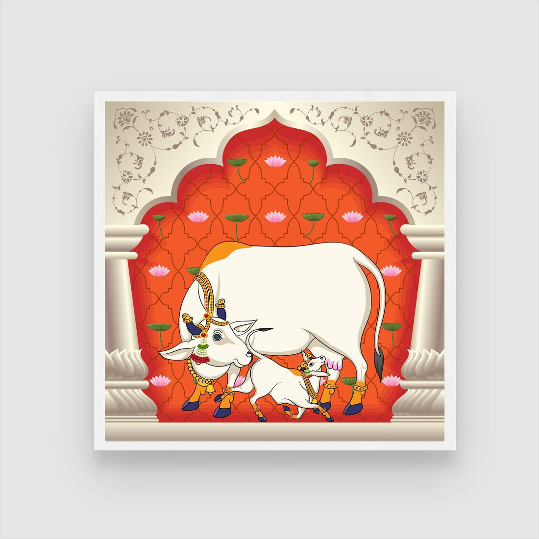 Indian Traditional Pichwai Cow Painting with Lotus 1 : 1 Square Premium Wall Art Canvas by MeriDeewar